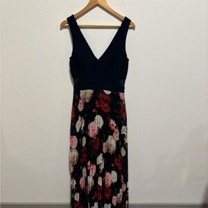 Blue Sleeveless Floral Pleated Chiffon Cutout Maxi A-line Gown